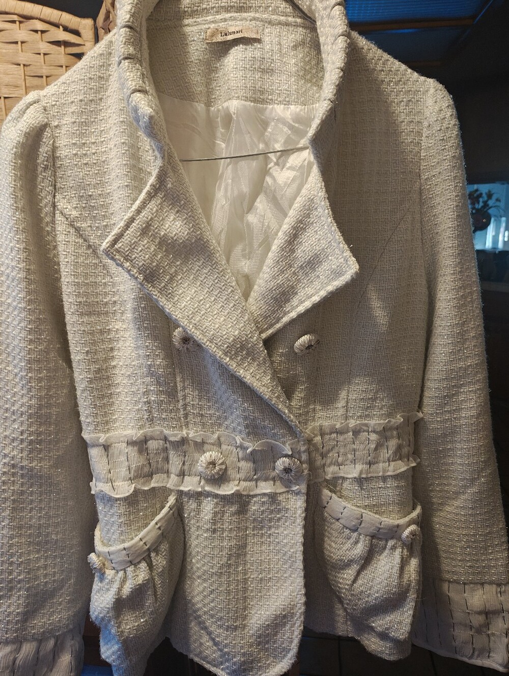 Lulumari Cream Tweed Ruffle-Trim Blazer